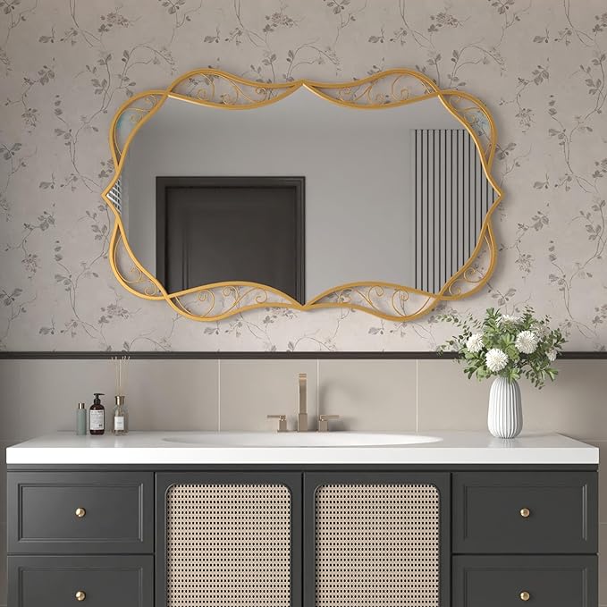 Bathroom Gold Wall Mirror: 30"x48" Antique Large Mirror for Wall - Vertical or Horizontal Hanging - Home Decor for Living Room/Entryway/Fireplace/Hallway