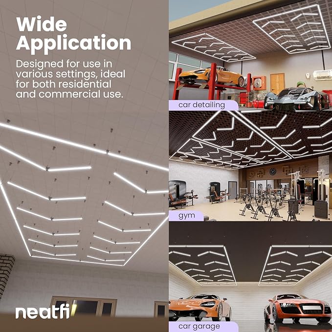 Neatfi LED Garage Light, 42,240 Lumens, 6500K, 384W, IP54, Ceiling Lights for Garage, Auto Shops, Car Detailing, Barber Shops, Beauty Salon, and Gym (Cool White, 12 Arrows with Hanging Kit)