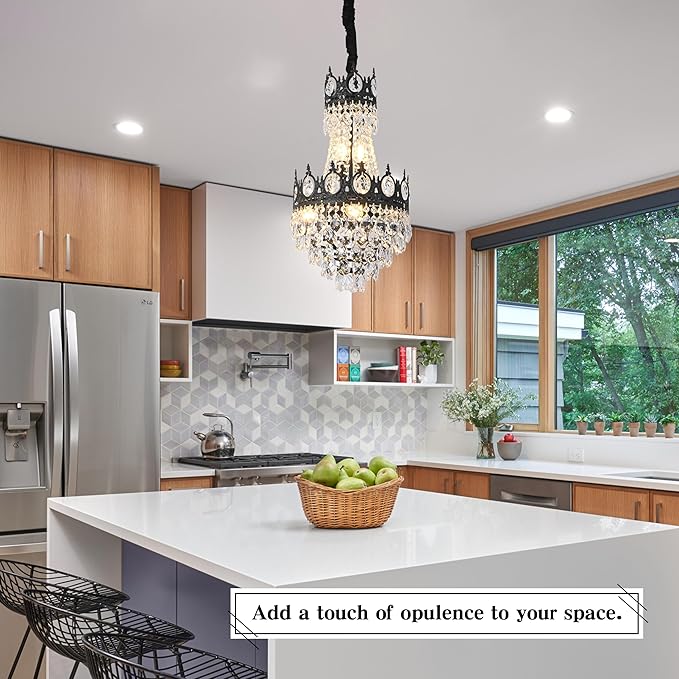 KoKo&Yukina Chandelier, 12'' Black French Empire Light Fixture, 6-Light K9 Crystal, Adjustable Hanging, for Hallway Entryway Kitchen Foyer