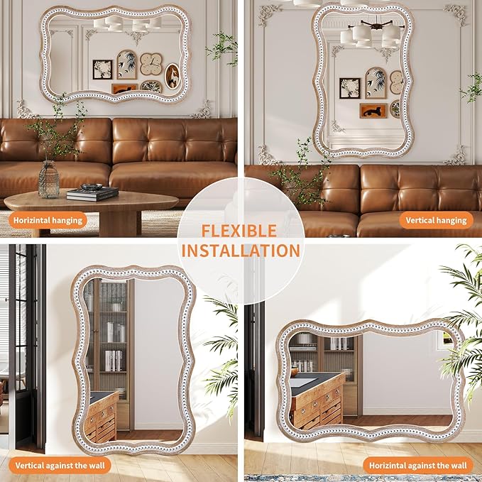 35" x 24" Rustic Farmhouse Mirror for Wall Decor, Wooden Beads Decorative Mirrors for Living Room, Bedroom, Hallway, Bathroom, Entryway - Vertical or Horizontal Hanging