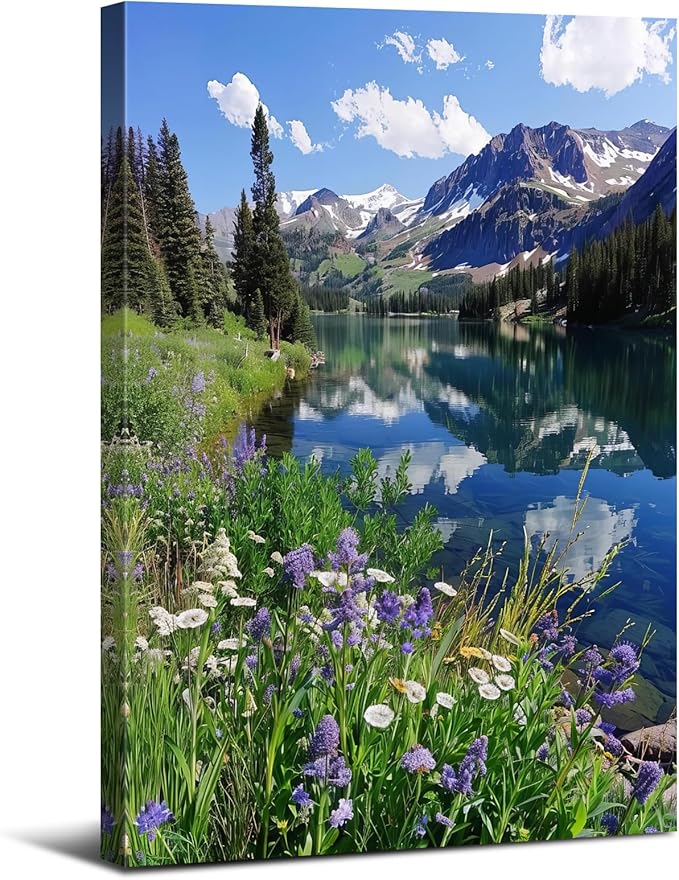 Mountain Wall Art for Living Room Nature Forest Wall Decor Colorado Mountains Pictures Pine Trees Flower Lake Landscape Canvas Prints Rocky Mountain National Park Poster Bedroom Home Decoration 32x48"