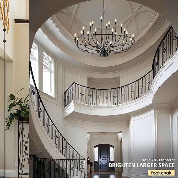 24 Light Black Chandelier 51'' Large Candle Chandeliers for High Ceiling Foyer Modern Farmhouse Chandelier Light Fixture for Large Living Room Dining Room Stairs Entry Restaurant Hotel