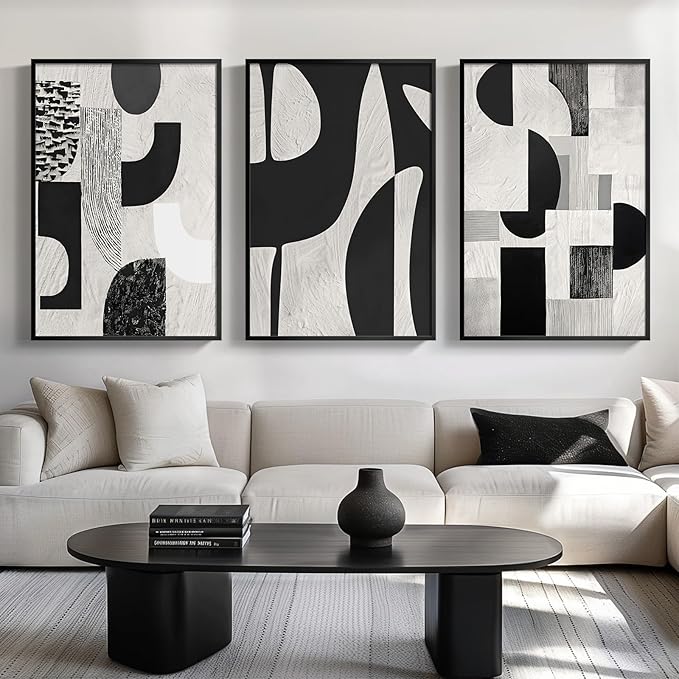 Large Framed Black and White Abstract Wall Art for Living Room, 3 Piece Modern Canvas Prints Paintings Artwork for Walls, Minimalist Geometric Pictures for Entryway Hallway Office Wall Decor 24x36 In