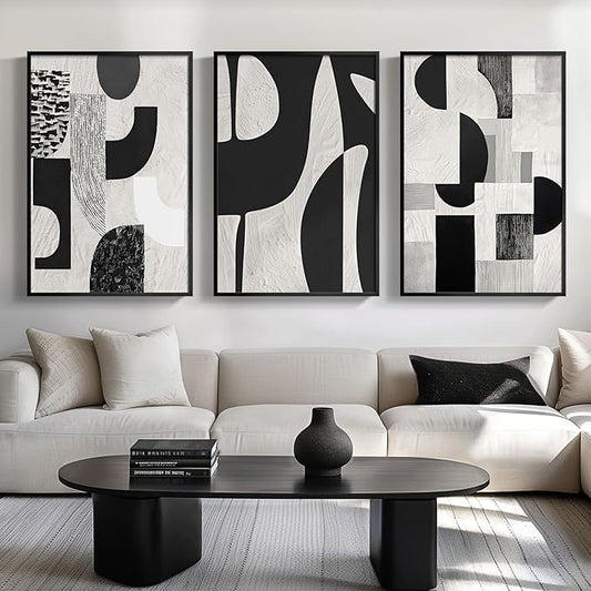 Large Framed Black and White Abstract Wall Art for Living Room, 3 Piece Modern Canvas Prints Paintings Artwork for Walls, Minimalist Geometric Pictures for Entryway Hallway Office Wall Decor 24x36 In