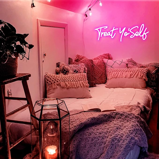 Kavaas Treat Yourself Neon Sign 16.5" x 5.7", Pink LED Light Up Signs for Wall Decor | Treat Yo Self Neon Sign for Girls Bedroom, Bar, Office, Dorms