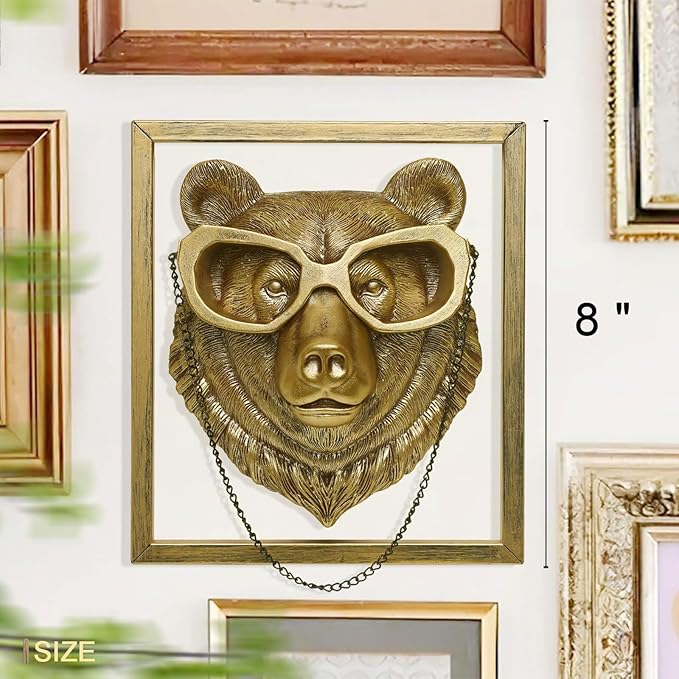 Newinhome Animal Heads Wall Decoration (Gift Metal Frame) Resin Animals Sculptures Head Wall Hanging Decor Gold vintage Wall Sculpture for Living Room Bedroom Office(Bear)