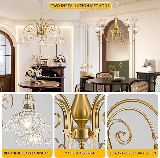 5-Light Vintage Chandeliers in Matte Brass Finish with Crystal Glass Shades, Retro Chandelier Light for Dining Room,Hallway,Kitchen