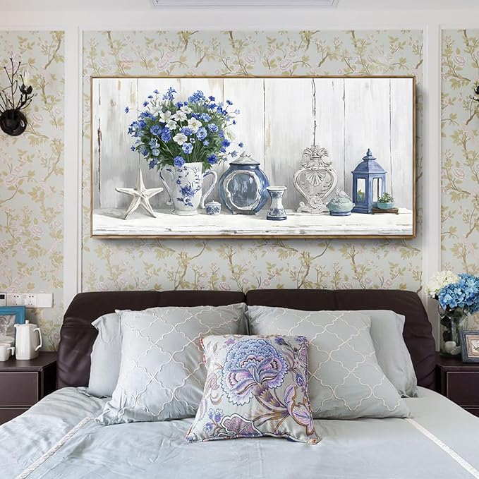 Nicetop Oversized Framed Wall Art for Living Room – Large Floral Canvas Print Blue and White Still Life Artwork Giant Shabby Chic Picture Bedroom Dining Room Office Beach Rustic Country Decor 58x29 Inch