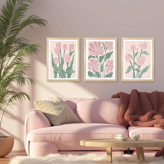 JLTULT 3 Piece Pink Abstract Tulips Floral Wall Art, Boho Green Botanical Wall Decor, Modern Flowers Paintings Art Prints for Living Room Bedroom Home Farmhouse Office12x16 Framed inch Ready to Hang