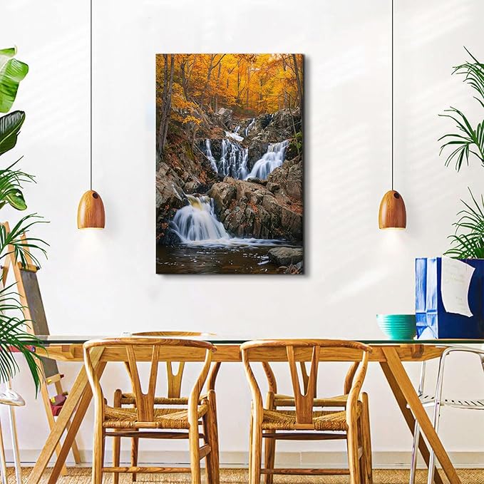 Autumn Orange Forest Wall Art Nature Waterfall Wall Decor Forest River Landscape Picture National Park Posters Rustic Trees Canvas Painting Artwork for Bathroom Living Room Home Decoration 32x48"