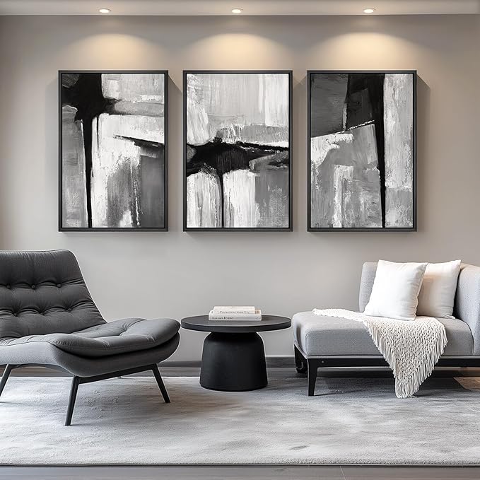 Large Framed Black and White Gray Abstract Wall Art, 3 Piece Modern Canvas Prints Paintings Artwork for Walls, Grey Abstract Pictures for Living Room Hallway Bedroom Office Wall Decor Total 30x60 In