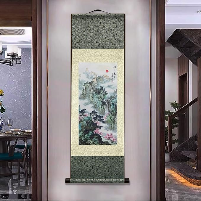 AtfArt Asian Wall Decor - Beautiful Silk Scroll Painting of Waterfall River Landscape - Rising Sun East Rises Oriental Decor - Chinese Art Wall Scroll Hanging (36.2x12 in)