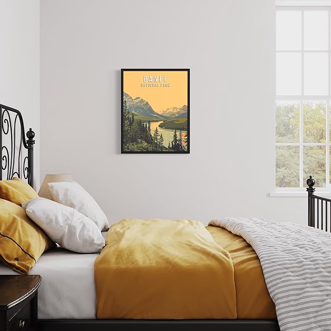 Banff National Park Wall Art Poster Print, Vintage Retro Landscape Scenery Painting Artwork Travel Prints Decor Cityscape Landmarks Gallery 27 (Banff National Park, 8 x 10 inches, Black Frame)