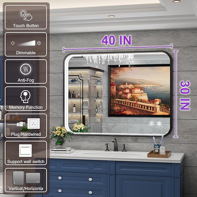 40x30 Inch Black LED Mirror Bathroom with Lights, 3000K/4500K/6000K, Wall Mounted Lighted Vanity Mirrors for Bathroom, Anti-Fog, Stepless Dimmable, Memory Funtion, Horizontal/Vertical