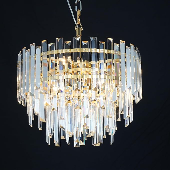 17.6" Modern Crystal Chandelier, 3-Tier Gold Pendant Light with 6 Lights, Luxury K9 Crystal Ceiling Fixture for Dining Room Living Room Foyer