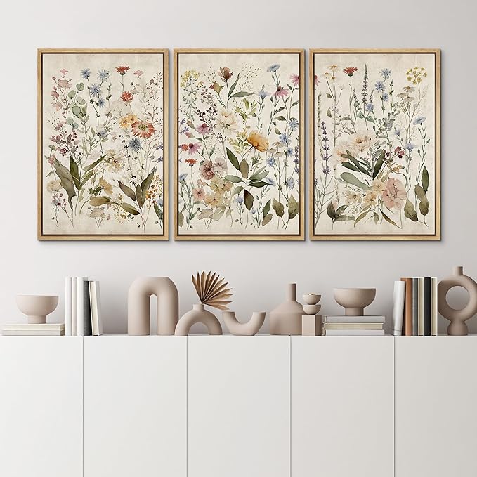 MUDECOR Framed Wall Art Print Set Blooming Wildflowers Illustrations Modern Art Decorative Colorful Chic for Living Room, Bedroom, Office - 24"x36"x3 Natural