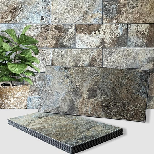 AULIGET 6" x 12" Beige & Brown Slate Peel and Stick Backsplash Wall Tiles, PVC Faux Stone Stick on Tiles for Backsplash Kitchen, Bathroom, Laundry Room, Camper, Fireplace (Pack of 20)