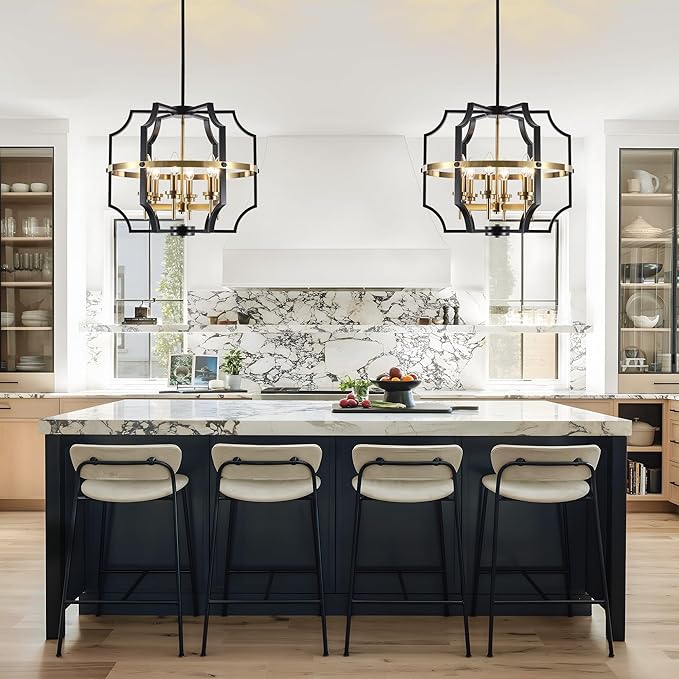 19.7'' Black and Gold Chandelier for Dining Room, 6-Light Farmhouse Industrial Chandelier Adjustable Modern Geometric Pendant Lights for Living Room Kitchen Entryway Foyer Hallway