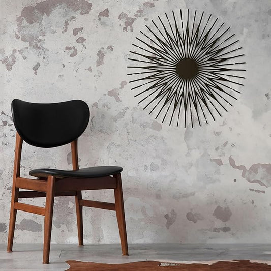 NEODECO Single Sun Metal Wall Art, Geometric Sun Decor, Metallic colors, Large 3D wall sculpture, model A (Black, Medium)