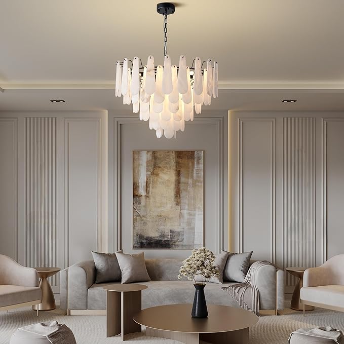 Alabaster Chandelier, D31.5 in Modern Round Chandelier, 6-Tiers Luxury Large White Marble Black Chandeliers for Dining Room Bedroom Foyer Living Room Entryway