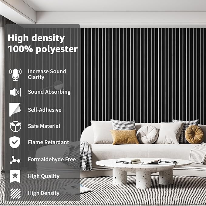 Art3dwallpanels 10 Pack Acoustic Panels, 48" X 12" X 0.43" Soundproof Wall Panels, Self Adhesive High Density Sound Absorbing Acoustic Treatment for Recording Studio, Office, Black and White