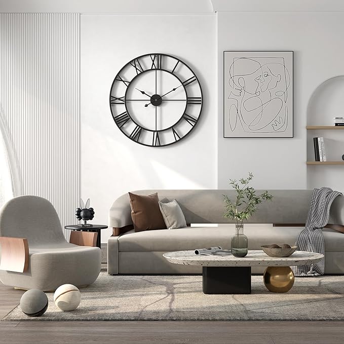 Large Outdoor Indoor Waterproof Metal Wall Clock, Completely Silent, 24 inch Roman Numerals Vintage Art Decor Modern Clocks, Mid-Century Battery Operated Home Decorative for Kitchen,Bedroom,Office
