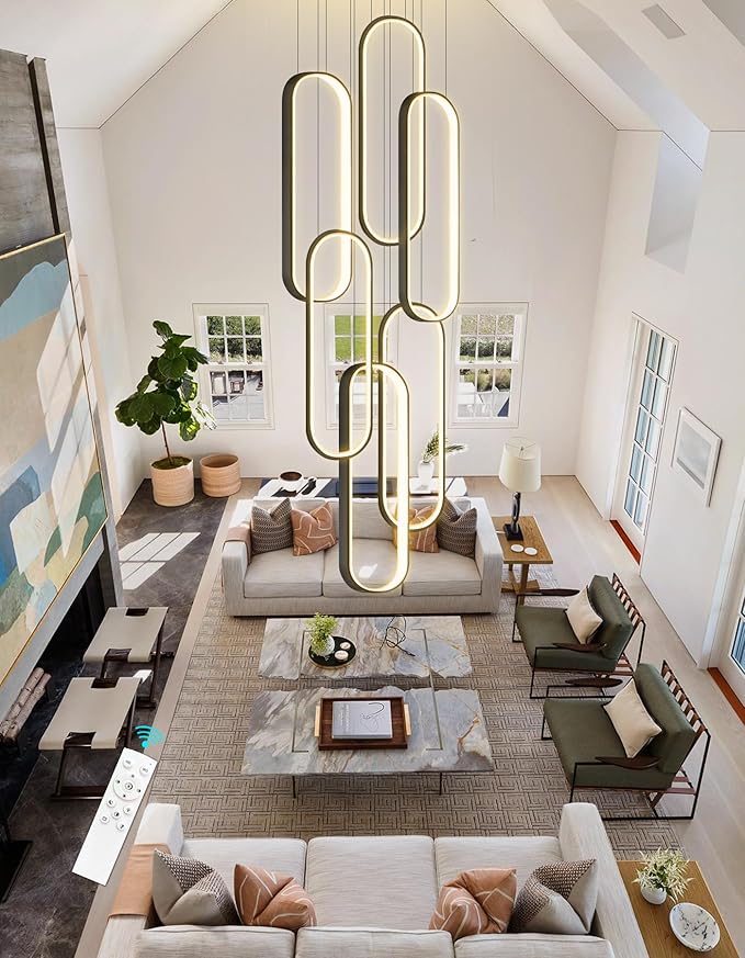 6 Rings Modern Chandelier LED Dimmable Flush Mount Ceiling Light for Foyer Living Room Staircaes Black