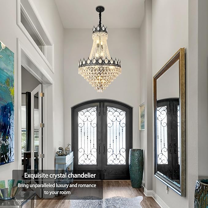 KoKo&Yukina Black 23.6" French Empire Crystal Chandelier - 14 Lights K9 Modern Farmhouse Adjustable Hanging Light for Living Room, Dining Room, Bedroom