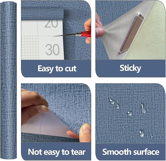 Blue Wallpaper Grasscloth Peel and Stick Wallpaper 17.7inch x 393.7inch Textured Wall Paper Stick and Peel Blue Contact Paper Grasscloth Faux Linen Removable Navy Waterproof Self Adhesive Vinyl