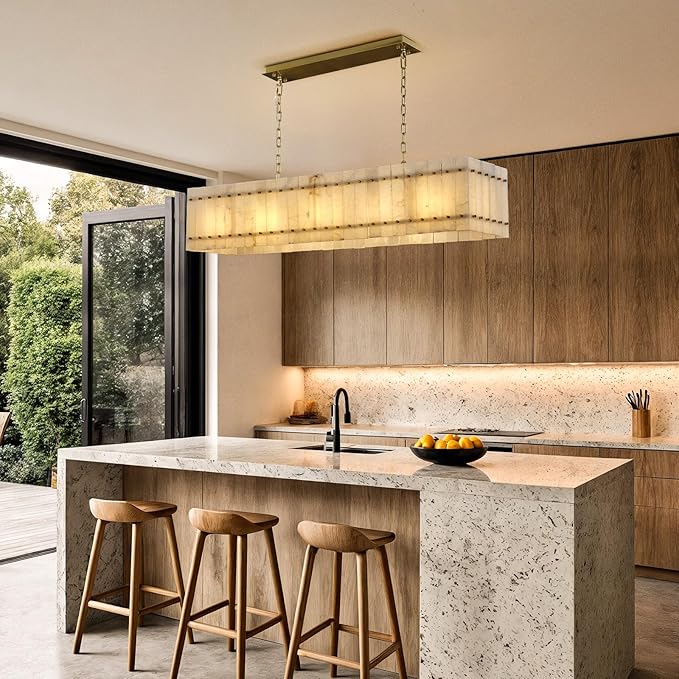53.4" Rectangle Alabaster Chandelier, Modern Dining Room Chandeliers, 10-Light Marble Hanging Pendant Dining Light Fixture for Kitchen Island, Living Room, Bedroom, Foyer, Entryway