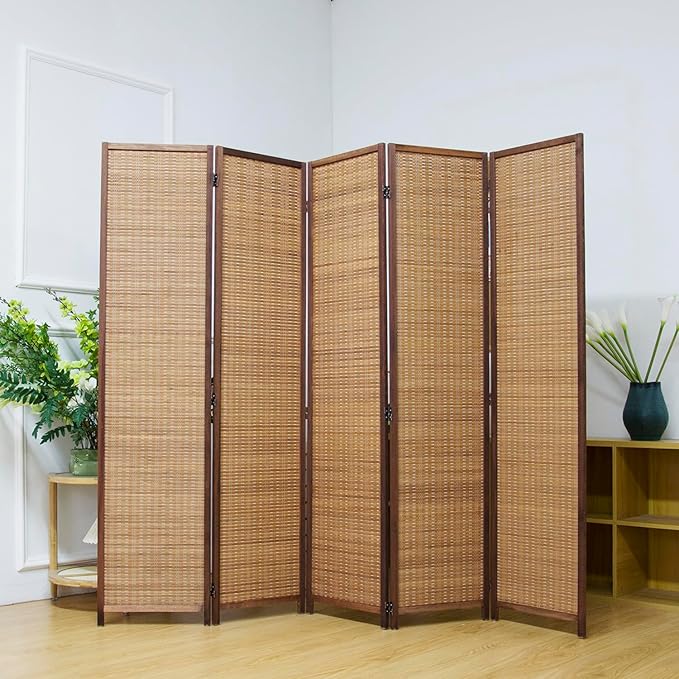 5 Panel Room Divider Screen,5.6 FT Tall Bamboo Divider Folding Privacy Screen,Freestanding Room Divider for Room Seperation,Brown
