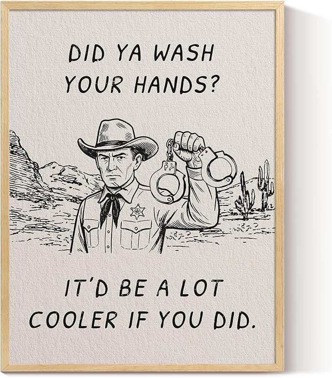 ARPEOTCY Small Framed Canvas Wall Art, 12x16in, Vintage Cowboy Bathroom Art (Did You Wash Your Hands), Western Room Wall Decor for Kitchen Laundry Shelf, Country Retro Artwork
