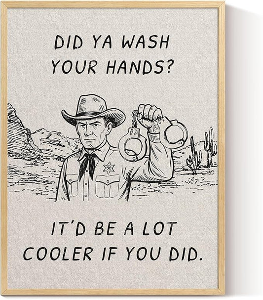 ARPEOTCY Small Framed Canvas Wall Art, 12x16in, Vintage Cowboy Bathroom Art (Did You Wash Your Hands), Western Room Wall Decor for Kitchen Laundry Shelf, Country Retro Artwork