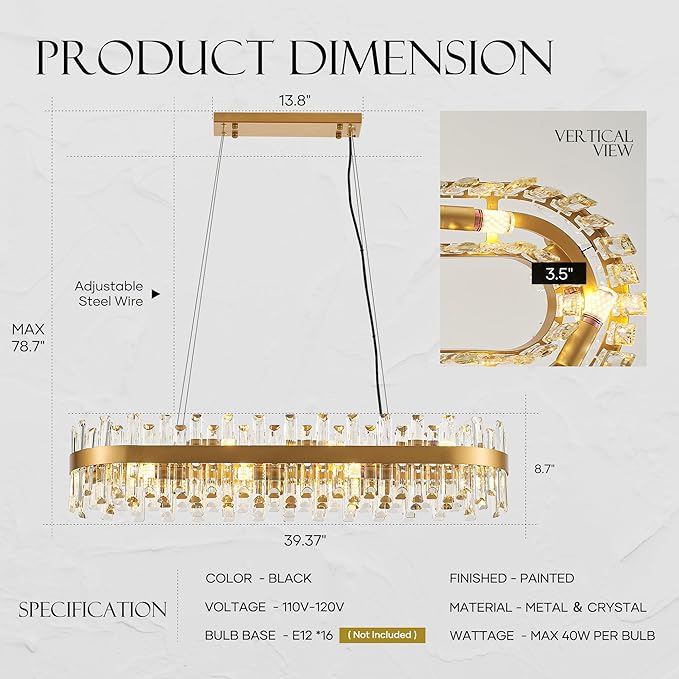 39" Modern Gold Rectangle Crystal Chandelier Light Fixtures for Kitchen Island Luxury Linear Crystal Chandeliers for Dining Room 16-Light Long Hanging Pendant Lighting for Entryway Foyer Bar