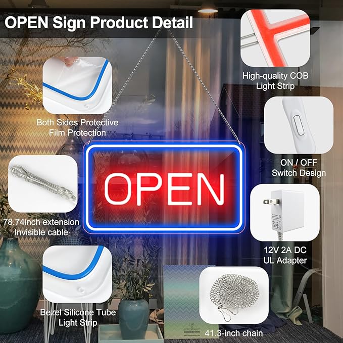 22.8"x 11.8" Ultra Bright 12V Neon Open Sign for Business, LED Open Neon Sign, Electric Light up Signs for Stores, Restaurants Offices Retail Shops Window(Blue-Red-Horizontal)