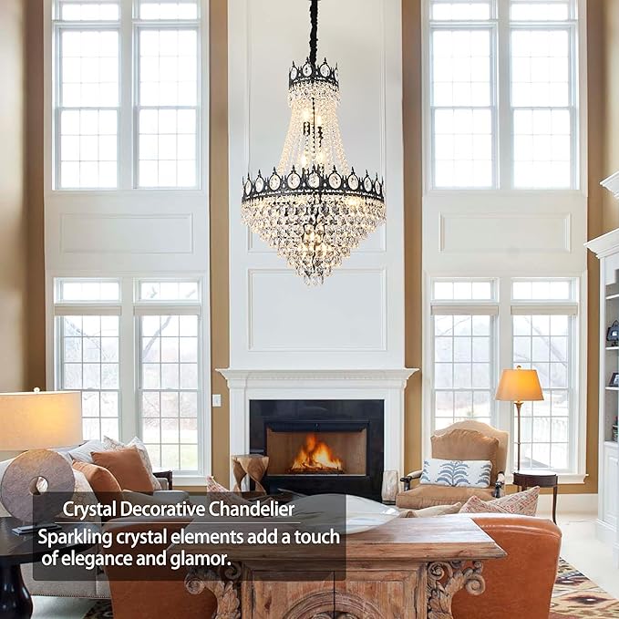 KoKo&Yukina Black 23.6" French Empire Crystal Chandelier - 14 Lights K9 Modern Farmhouse Adjustable Hanging Light for Living Room, Dining Room, Bedroom