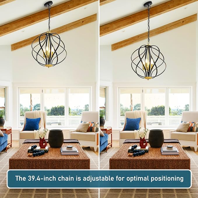 17” Modern Black and Gold Chandelier for Dining Room - 4-Light Industrial Sphere Pendant Light, Hanging Geometric Chandelier for Kitchen, Entryway, Foyer, Stairs