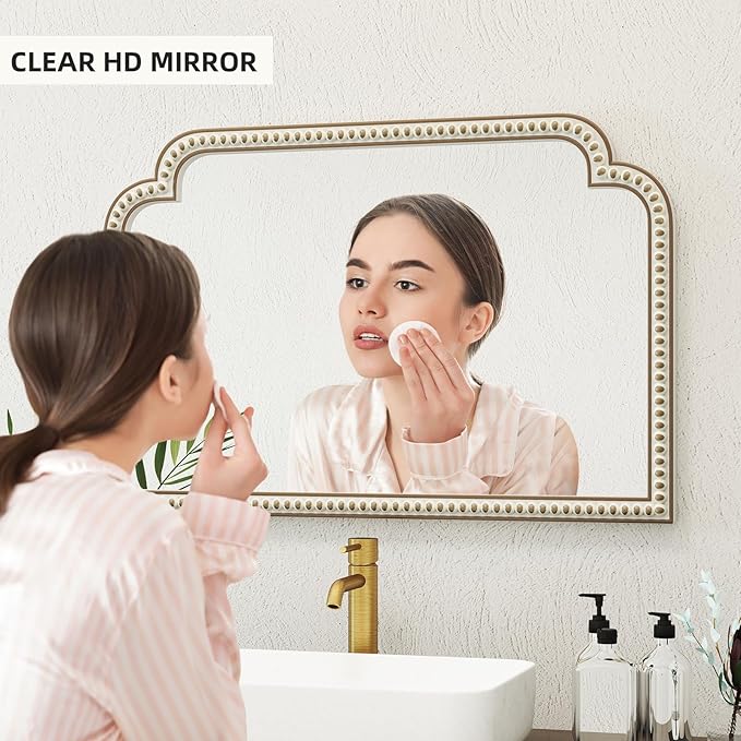 36''x24'' Farmhouse Wood Decorative Wall Mirrors with Beads, Boho Large Wide Arch Mirror for Living Room, Bedroom, Entryway, Fireplace