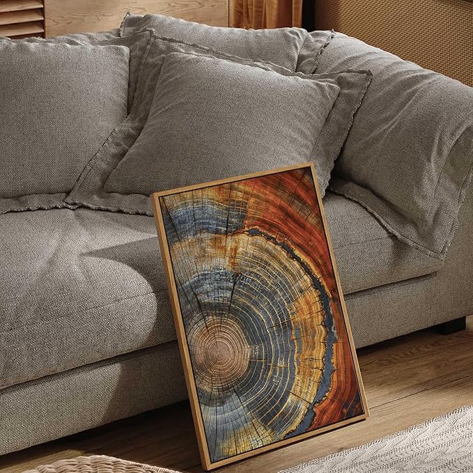 BingruiArt Framed Tree Ring Canvas Wall Art Red and Gold Abstract Wood Wall Decor Boho Modern Colorful Nature Prints Pictures Poster for Living Room Bedroom Bathroom Office 16"x24" Natural Framed(03)