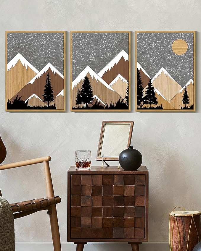 KUVIOKE Morden Mountains Framed Wall Art Boho Pine Tree Forest Nature Landscape Artwork Painting Bohemain Farmhouse Rustic Home Decor 12x16in (Natural Framed)