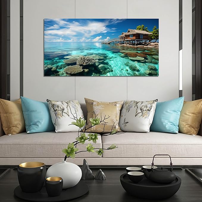 Ocean Scenic Canvas Wall Art, Blue Seascape Wall-Decor Picture , Ocean Scenery Canvas Decoration, Coastal Landscape Print Decorative Artwork for Home living Room Bedroom and Office, Size 40x20 Inches