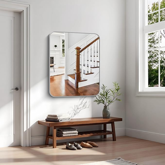 KOCUUY Silver Bathroom Mirror, 30x36 Inch Bathroom Mirror for Over Sink, HD Tempered Glass, Anti-Rust Brushed Silver Frame, Rounded Corner Modern Design for Bathroom, Hang Horizontal/Vertical