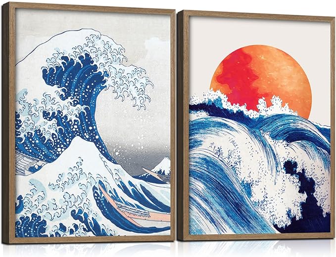 2Pcs Framed Canvas Wall Art Japanese Wave and Red Sun Poster Prints Hokusai Inspired Ocean Picture Traditional Ukiyo-e Gallery Decor Living Room Bedroom Office Apartment 12X16 Inch Ready to Hang