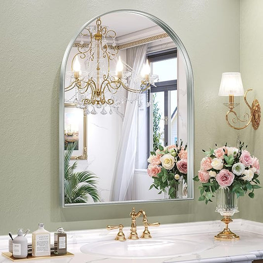 Brightify Metal Framed Arched Wall Mirror, 24 x 36 Inch, Silver, for Living Room, Bedroom, Bathroom, Hallway, Powder Room Decorative