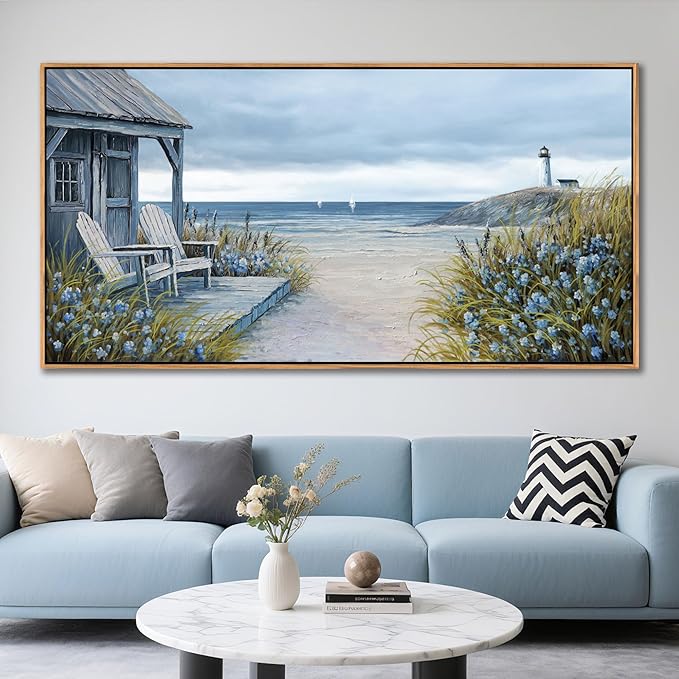 Coastal Wall Art for Living Room - Framed Vintage Wall Decor & Seascape Bedroom Beach Wall Decor | Ocean with Beach Pictures | Canvas Artwork for Home Decor Farmhouse 29×58IN