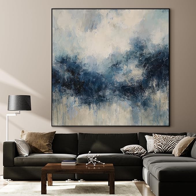 72"x72" XL Framed Wall Art - Blue Abstract Landscape Modern (Frame Assembly Required)