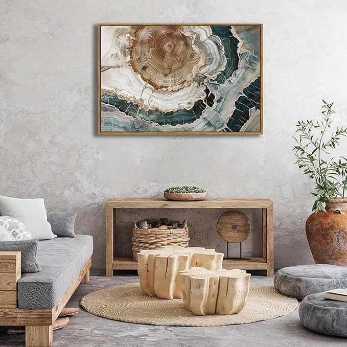 BingruiArt Large Framed Tree Ring Wall Art Wood Canvas Colorful Boho Wall Decor Rustic Artwork Abstract Painting Farmhouse Picture Nature Print for Living Room Bedroom Bathroom 24"x36" Natural Framed(06)