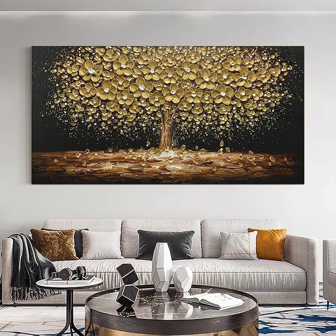 Art8YuQi Paintings - Contemporary Abstract Art Oil Painting On Canvas Texture 3D Golden Tree Gary Painting Handmade Artwork Picture Canvas Wall Art Modern Home Decor living room Ready to Hang