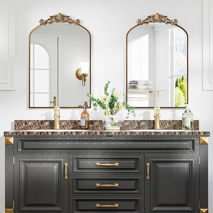 Antique Arched Wall Mirror, 22"x30" Vintage Gold Bathroom Mirror - Baroque Metal Frame Brass Mirror for Living Room, Bathroom, Fireplace, Entryway, Bronze
