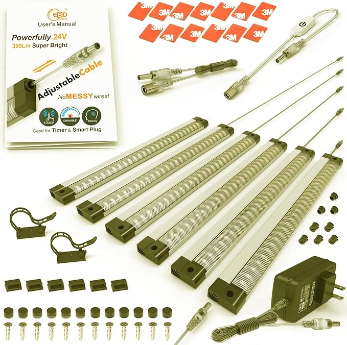 LED Under Cabinet Light with Adjustable Cable Touch Under Cabinet Lights No Redundant Wires 6 Panel Under Counter Lights for Kitchen 3000K Warm White 2100Lm Super Bright Closet Light Good for Timer